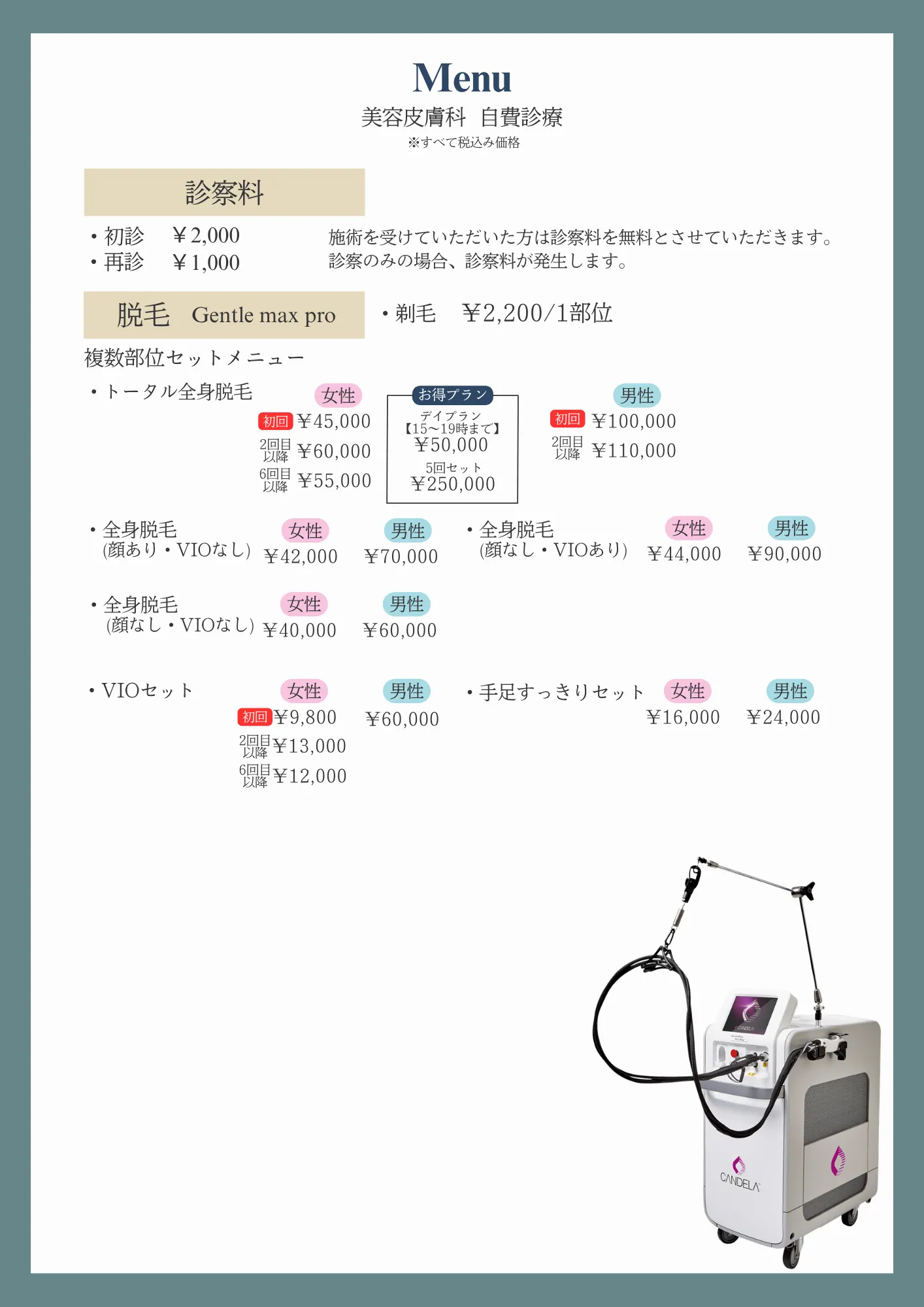 美容皮膚科　自費診療表金表
