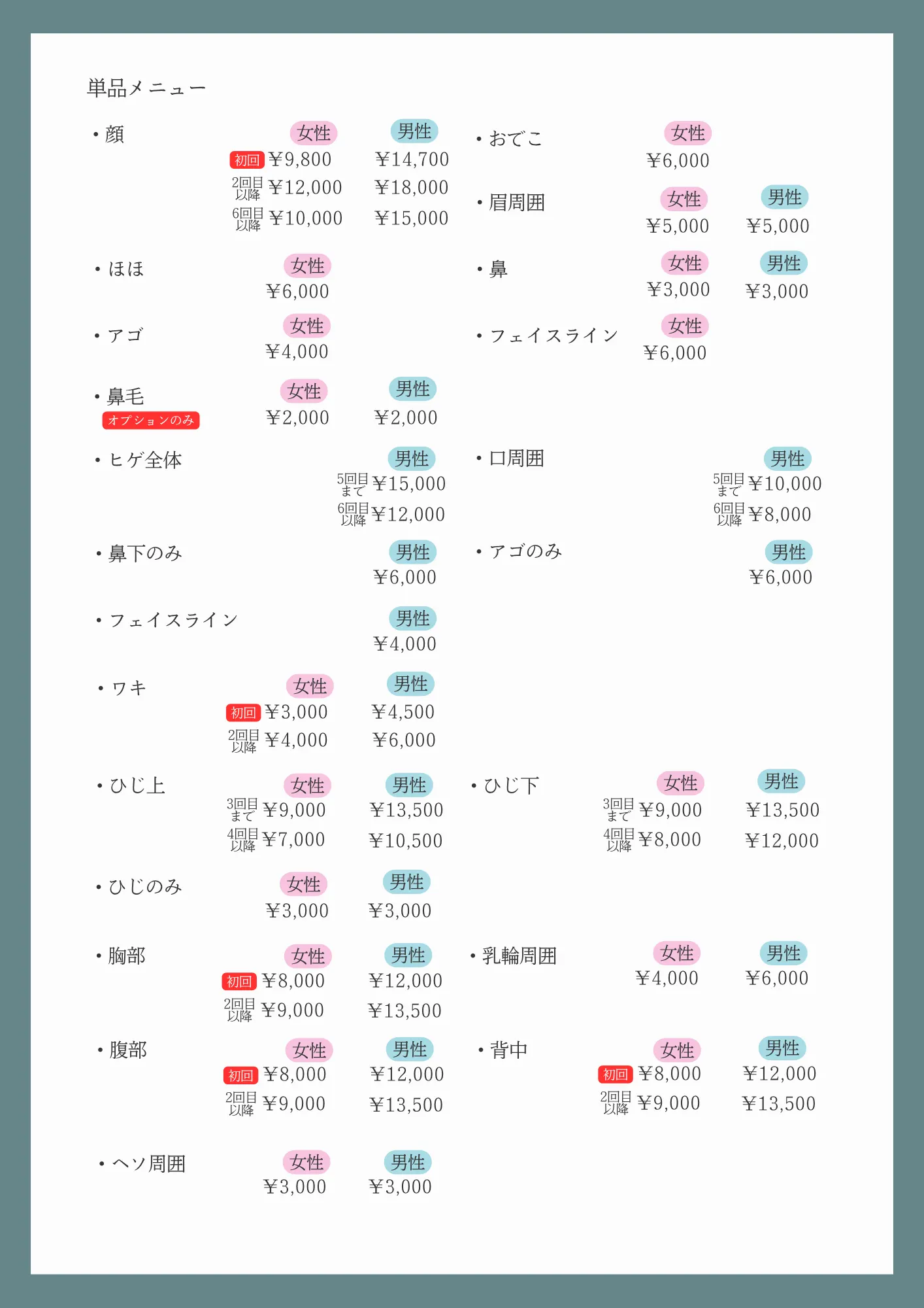 美容皮膚科　自費診療表金表