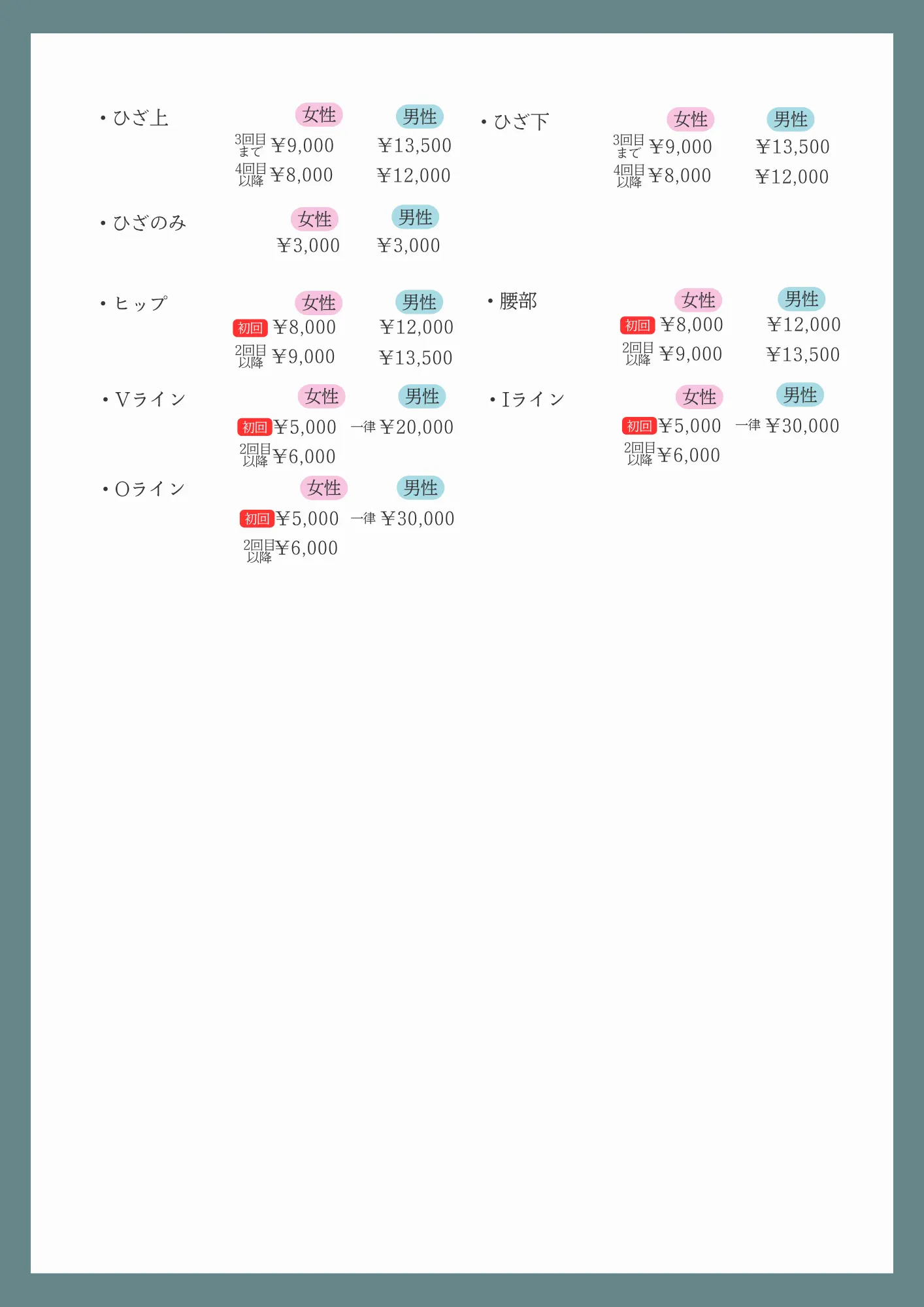 美容皮膚科　自費診療表金表