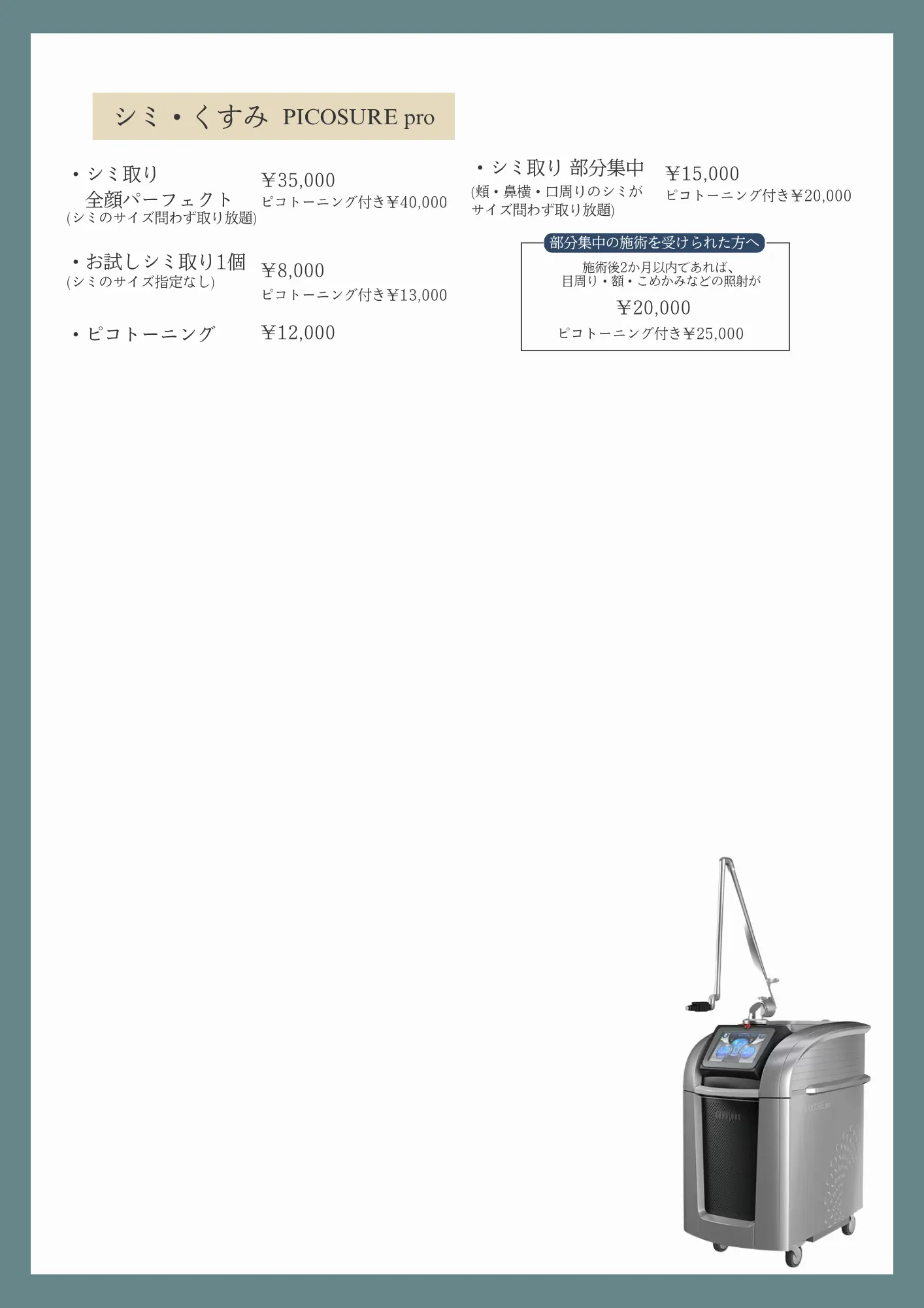 美容皮膚科　自費診療表金表
